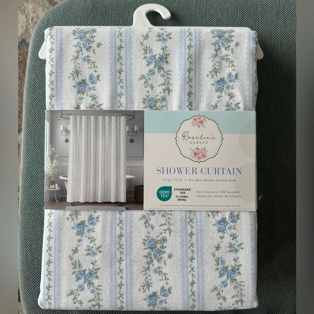 Blue and white floral stripes shower curtain